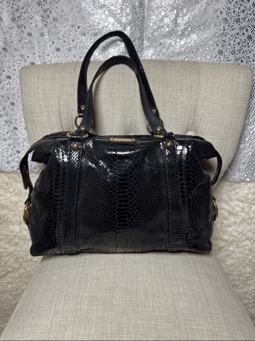 Michael kors black Faux Snake-Embossed Satchel Handbag